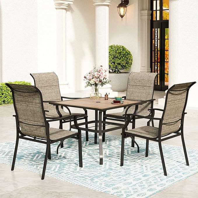 5 Pieces Patio Dining Sets for 4 Person, Outdoor Table and Chairs Set with Wood-Like Patio Dining Table(1.57" Hole) & 4 Textilene Patio Dining Chairs, Outdoor Dining Sets for Deck