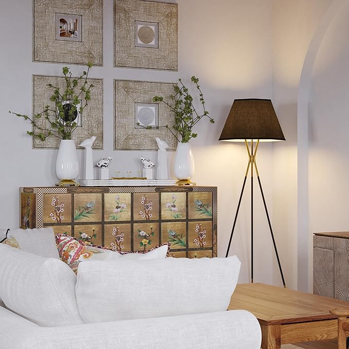 Inlight 65" Modern 1-Light Black and Gold Tripod Floor Lamp with Geometric Design Shade and Black Metal Legs, Bulb Not Included, IN-0808-1-BK