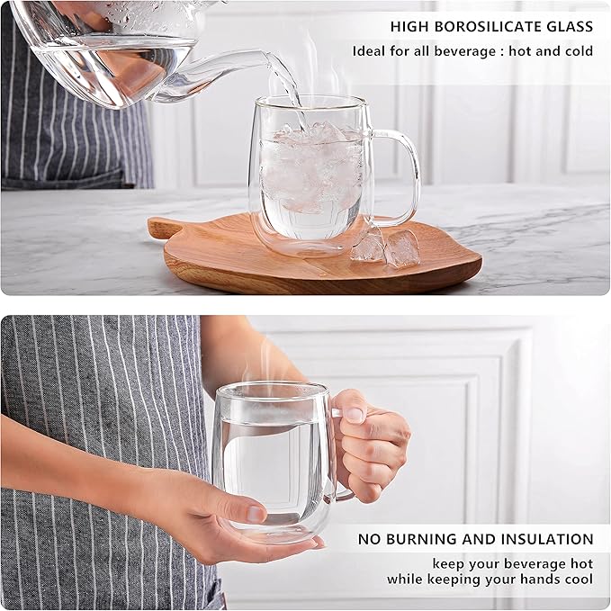 CNGLASS Glass Coffee Mugs 12oz,Double Wall Insulated Mug Set with Handle,Clear Glass Espresso Mugs for Latte,Cappuccino,Tea Bag,Hot and Cold Beverages,Set of 4