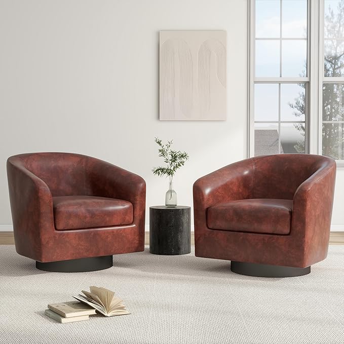 Swivel Barrel Chair, Modern Round PU Leather Accent Armchair for Living Room, Bedroom, Oversized Comfy Club Reading Chairs for Adults (Leather Red Brown, Set of 2)