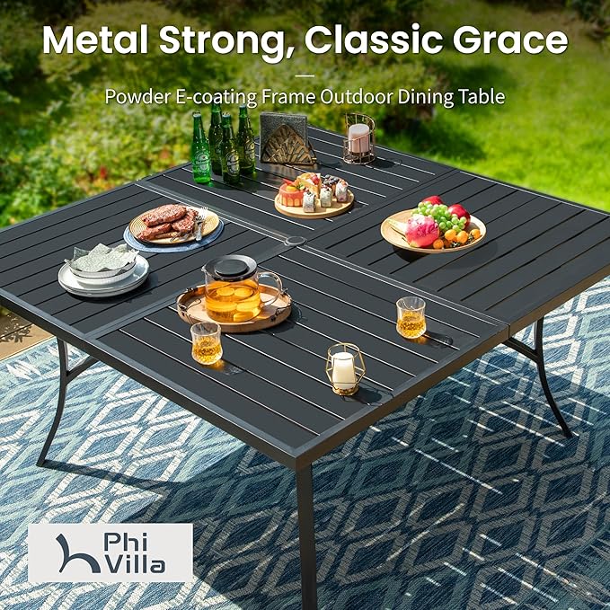 PHI VILLA 9 Piece Patio Dining Set, Metal Outdoor 60'' Square Table Furniture Set with 6 Backyard Armrest Stackable Chairs, Table with 1.57'' Umbrella Hole for Patio, Deck, Black