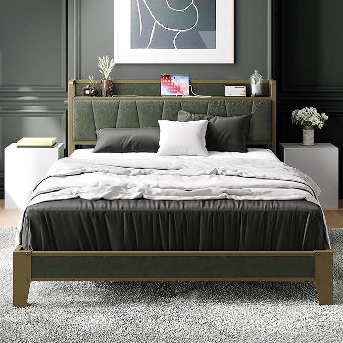 LIKIMIO Queen Bed Frame, Storage Headboard with Charging Station, Solid and Stable, Noise Free, No Box Spring Needed, Easy Assembly (Dark Green)