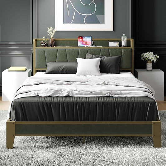 LIKIMIO Queen Bed Frame, Storage Headboard with Charging Station, Solid and Stable, Noise Free, No Box Spring Needed, Easy Assembly (Dark Green)