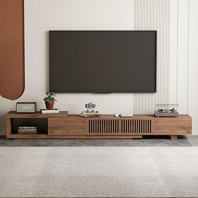 Modern Walnut TV Console for 75+ Inch Screen – Extendable Wood Media Unit (78"-103") with Grille Doors and Drawers, Great for Living Rooms & Bedrooms