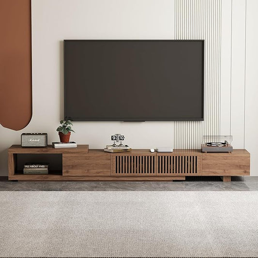 Modern Walnut TV Console for 75+ Inch Screen – Extendable Wood Media Unit (78"-103") with Grille Doors and Drawers, Great for Living Rooms & Bedrooms