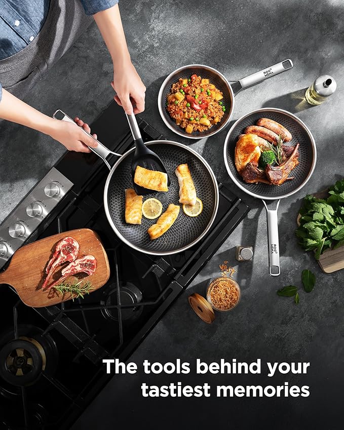 Nonstick Frying Pan Set with 2 Lid, Non-Toxic Tri-Ply Hybrid Ceramic Skillet 3 Piece, 8, 10 & 12 Inch Stainless Steel Pans, PFAS/PFOA/PTFE Free, Dishwasher & Oven Safe, Induction Compatible