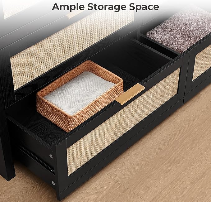 SICOTAS 7 Drawer Dresser for Bedroom, 57" Wide Rattan Dressers, Large Chest of Drawers for Bedroom, Dresser TV Stand, Boho Closet Organizer (Black Oak, 7 Drawers (1 pc))