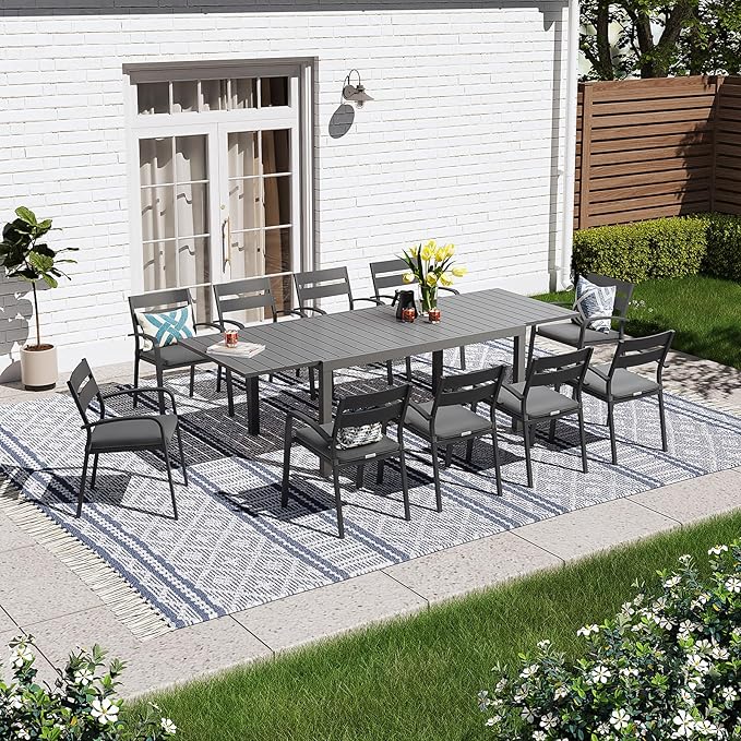 SUNSITT 11-Piece Outdoor Patio Dining Set, 63" - 105" Aluminum Expandable Outdoor Dining Table Set for 10, 10 Stackable Chairs with Gray Removable Cushions