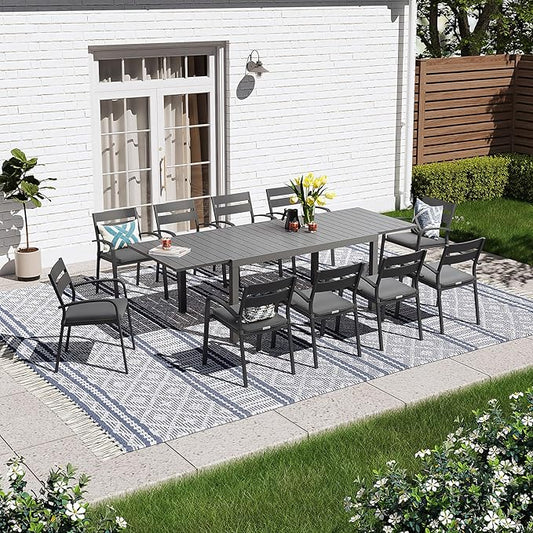 SUNSITT 11-Piece Outdoor Patio Dining Set, 63" - 105" Aluminum Expandable Outdoor Dining Table Set for 10, 10 Stackable Chairs with Gray Removable Cushions