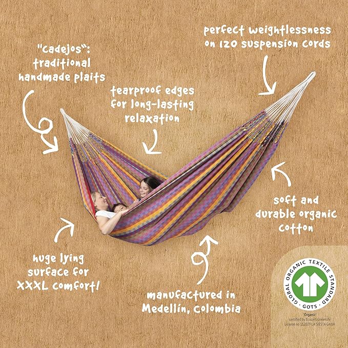 La Siesta® Flora Classic Organic Cotton Hammock - Indoor Outdoor Hammock, Patio Bed Tree Portable Hammock, 2 Person Double Hammock - King, Flower