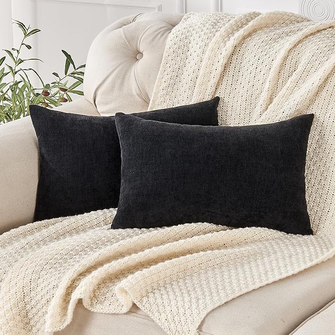 GAWAMAY Lumbar Pillow Cover Decorative Rectangle Throw Pillow Covers 12"x20" Inch Set of 2, Super Soft Chenille Pillowcase for Living Room Bedroom Sofa Couch Cushion Cover Black 30x50cm (No Insert)