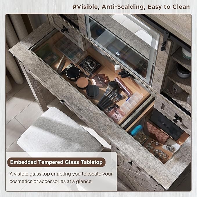 T4TREAM Farmhouse Makeup Vanity Desk with Sliding Mirror and Lights, 42'' Glass Tabletop Vanity Table with 2 Drawers & Shelves, Rustic Big Vanity Set for Bedroom, Light Rustic Oak