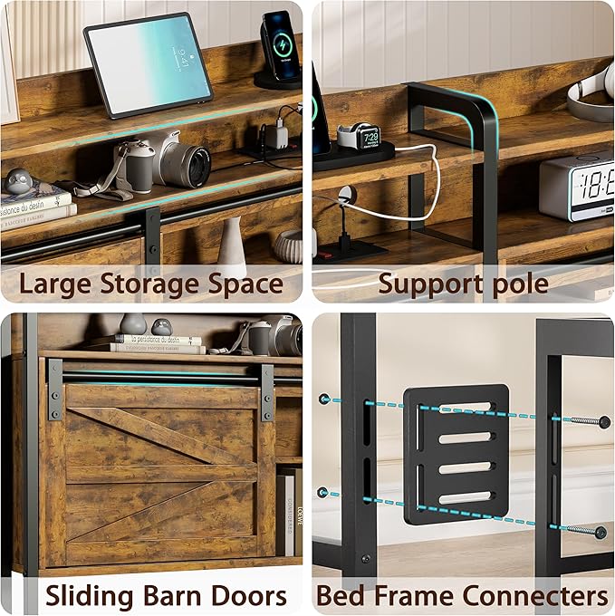 wanan Headboard King Size with Storage, 3 Tier Size Headboard only with Outlets, USB Ports and LED Light Strip, Headboards with Sliding Barn Doors, Adjustable Shelf (Brown, King (U.S. Standard))