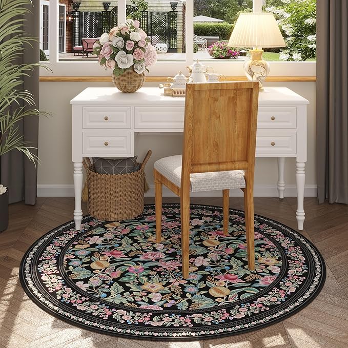Round Rug 4ft Washable Circle Rug Non Slip Low Pile Vintage Floral Small Circular Rug for Bedroom, Bathroom, Entryway, Kids Room, Office, Black