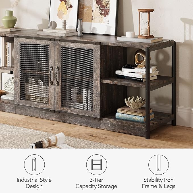 CABIHOME Farmhouse TV Stand for 65/75 inches TVs, Entertainment Center with Storage Cabinet and Mesh Doors, Industrial Media Console Cabinet Table, Living Room Media Furniture, Oak