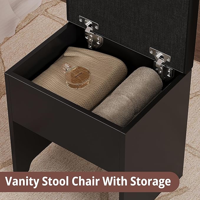 IRONCK 46'' Makeup Vanity Set with LED Mirror & Power Outlet - 11 Drawers, Glass Top, Hair Dryer Rack, Dressing Table with Storage Bench for Bedroom, 3 Lighting Color Adjustable, Black