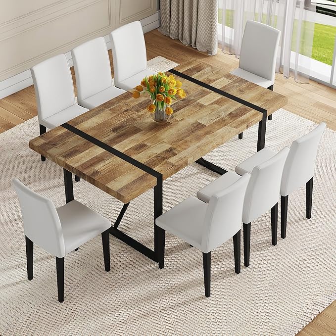 Dining Table Set for 6，Dinner Table Set for 6，71'' Kitchen Table and PU Leather Chairs Set of 6，6 Chair Dining Table Set for Kitchen Dining Room