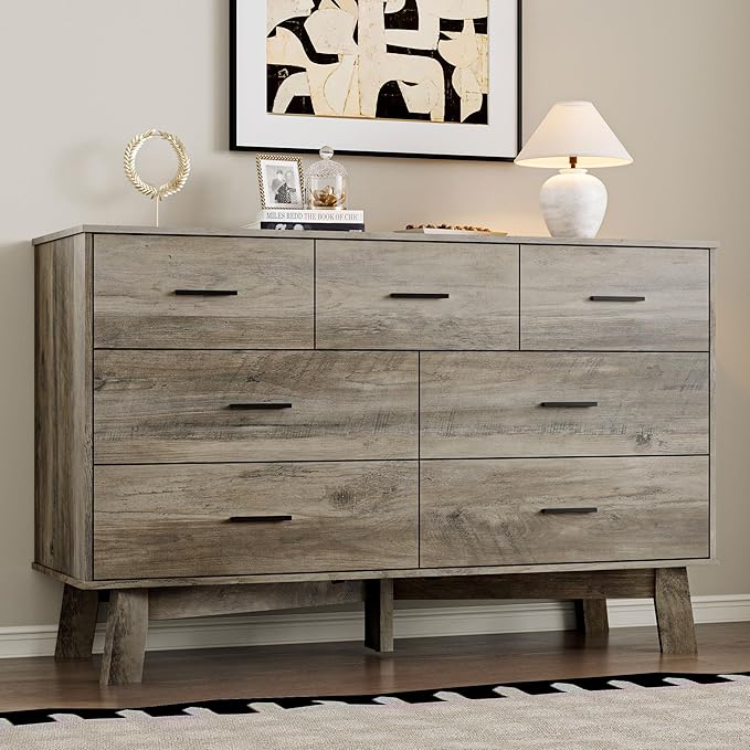 Dresser for Bedroom with 7-Drawer, 47.2" Wide Modern Chest of Drawers with Metal Handles, X-Shape Base & Adjustable Center Leg, Anti-Tip Closet Organizers and Storage