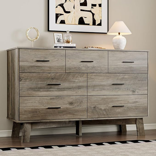 Dresser for Bedroom with 7-Drawer, 47.2" Wide Modern Chest of Drawers with Metal Handles, X-Shape Base & Adjustable Center Leg, Anti-Tip Closet Organizers and Storage