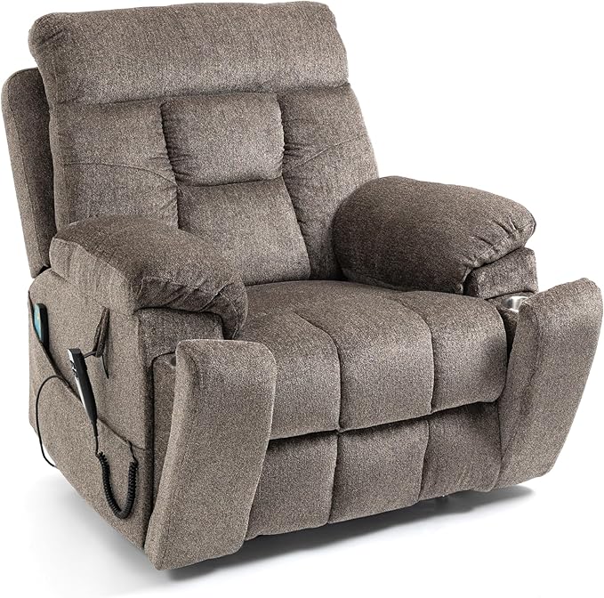 Dual Motor Lay Flat Lift Chairs Recliners - Extra Wide Big Man Recliner with Heat & Massage - Hidden Cup Holder - 400 lbs Capacity
