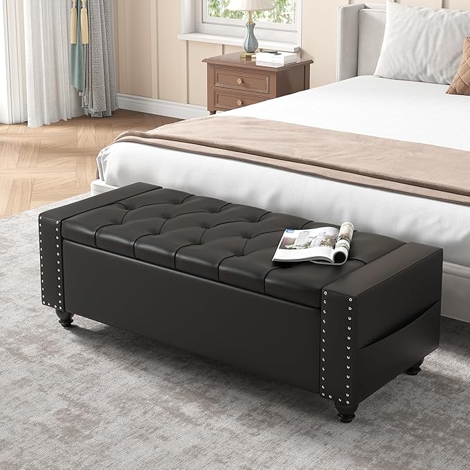 Maupvit Storage Ottoman Bench, 49 Inch Bedroom Bench, Upholstered Ottoman with Storage, Entryway Bench with Tufted Button, Faux Leather Window Bench for Bedroom, Living Room, Entryway, Hallway, Black