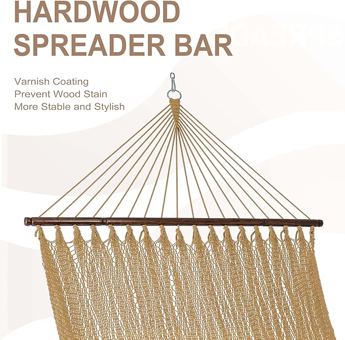 Lazy Daze Hammocks 10.5 FT Double 2 Person Caribbean Rope Hammock, Hand Woven Polyester Hammock with Spreader Bars, for Outside Outdoor Backyard Patio Poolside,450 LBS Capacity, Tan