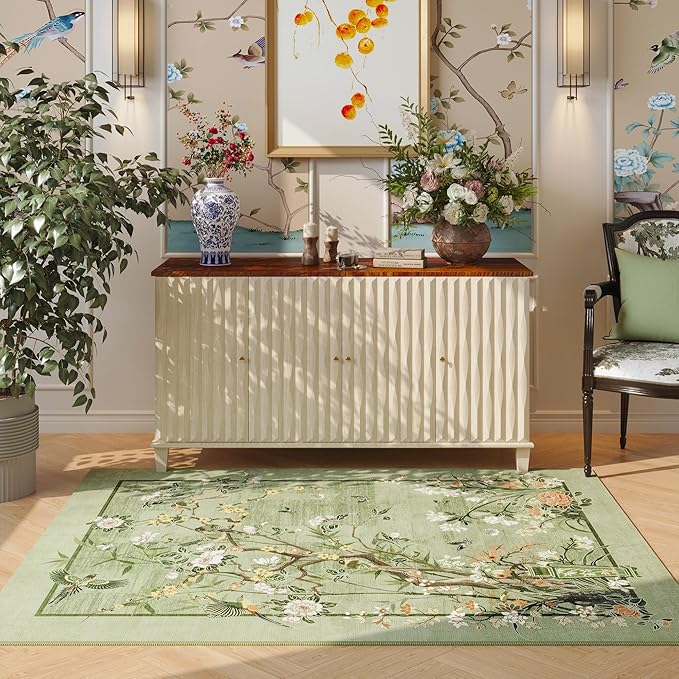 3x5 Washable Rug Chinoiserie-Style Floral Vintage Area Rug Non Slip Low Pile Small Carpet for Bedroom, Bedside, Kitchen, Entryway, Kids Room, Office, Green