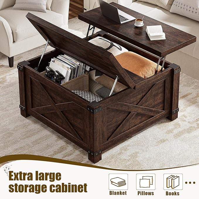 EnHomee Coffee Table with Storage 35.7" W Lift Top Coffee Tables for Living Room, Farmhouse Coffee Table, Living Room Tables, Square, Brown