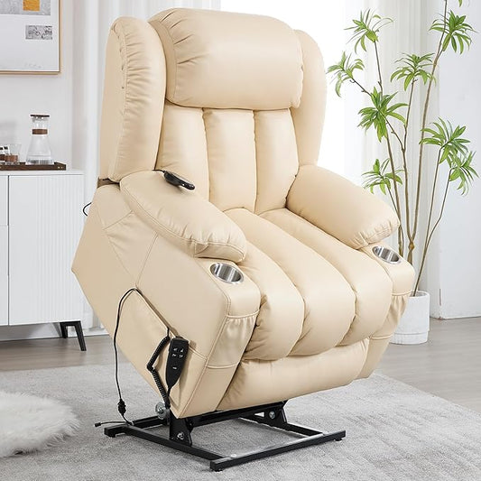 Electric Lay Flat Recliner Chair with Vibration Massage Heat for Elderly People, Power Lift Chair with Dual Motor Cup Holders, Faux Leather Beige