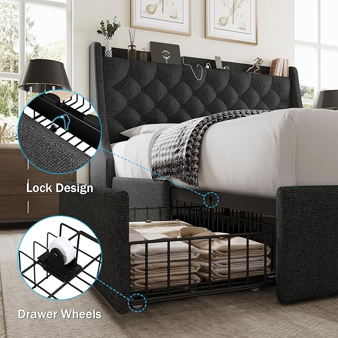 Queen Bed Frame with 4 Storage Drawers, Giant Upholstered Wingback Headboard, Fast Charging Station, No Box Spring Needed, Noise-Free, Dark Gray