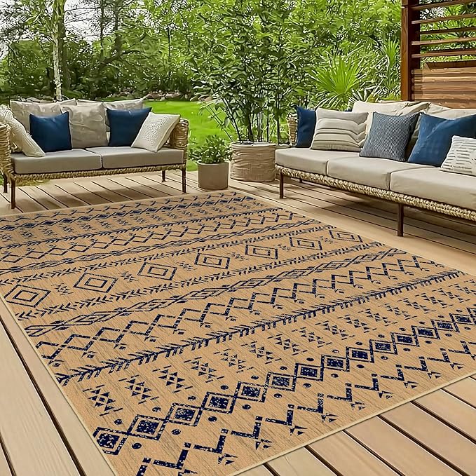 Indoor Outdoor Area Rug Washable Patio Rug Modern Moroccan Geometric Indoor Outdoor Carpet Rug Non Slip Non Shedding for Patio, Deck, Backyard, Porch (8x10)