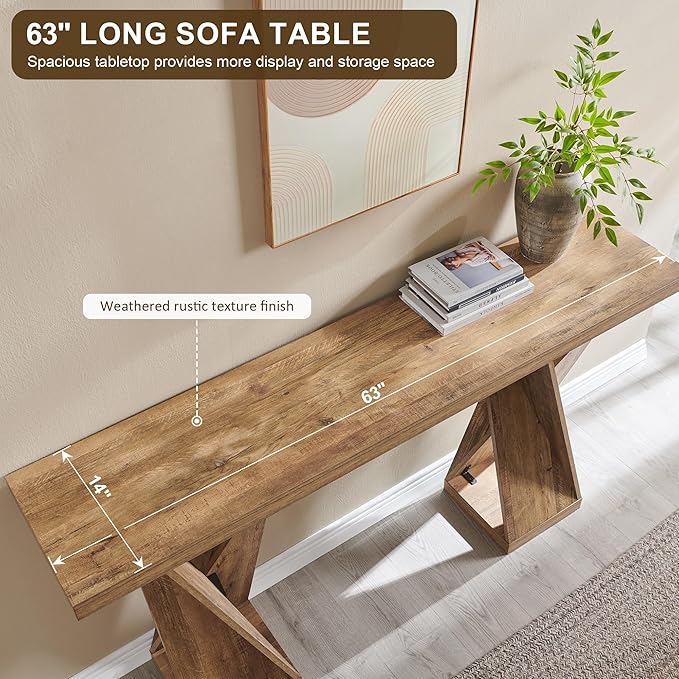 OKD Modern Entryway Table, 63" Twisted Console Table with Wood Pedestal, Farmhouse Sofa Table with Storage, Rustic Entry Table Tor Living Room, Entryway, Hallway, Golden Rustic Barnwood