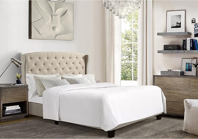 Rosevera Essential Wingback Platform Bed Frame with Tufted Headboard/Fabric Upholstered Bed Frame/Wood Slat Support/Easy Assembly,King,Beige