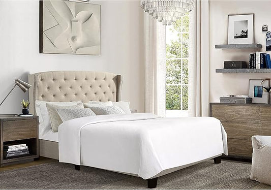 Rosevera Essential Wingback Platform Bed Frame with Tufted Headboard/Fabric Upholstered Bed Frame/Wood Slat Support/Easy Assembly,King,Beige