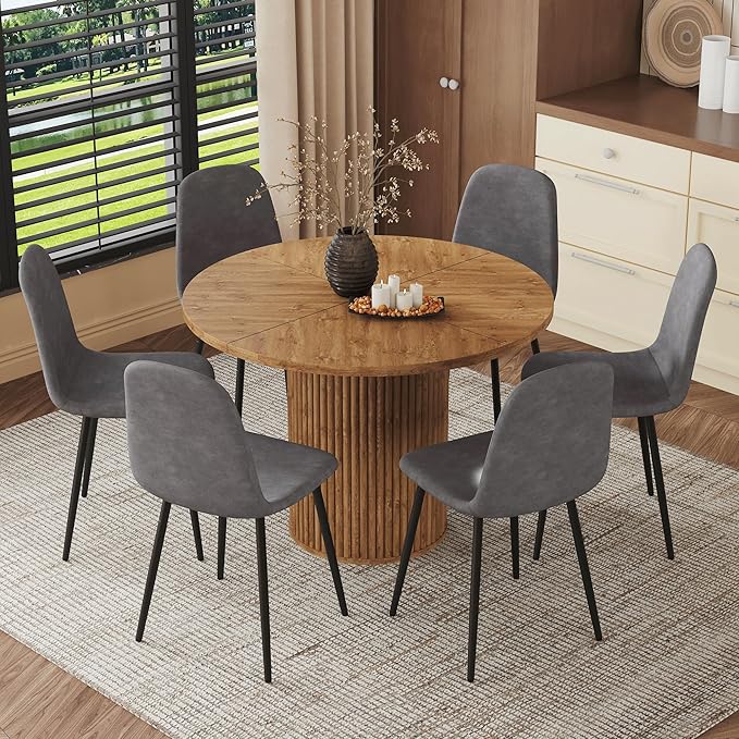 AZmac Round Dining Table Set for 6, Wooden Round Table 7-Piece with Modern Farmhouse Dining Table and 6 Fabric Chairs for Kitchen Dining Room, Wooden Table + 6 Gray Chairs