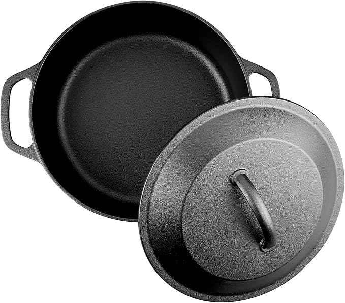 Pre-Seasoned Cast Iron Dutch Oven with Lid, Round and Dual Handles, for Stovetop, Camping, Grill, Induction, Electric, Black, 3 qt