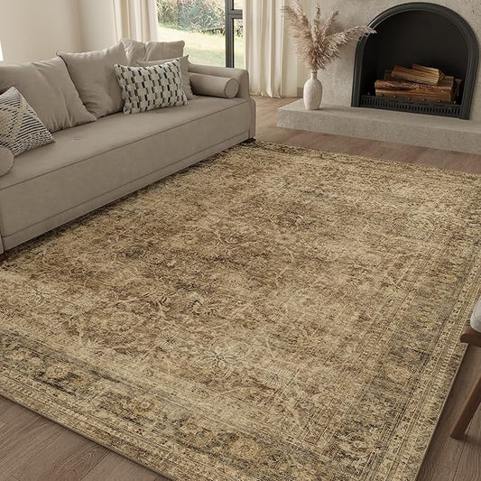FMFUNCTEX 5x7 Washable Area Rug Neutral Vintage Brown Non Slip Low Pile Traditional Indoor Carpet for Living Room Bedroom Soft Retro Floral Mat Throw Rug for Dining Office Kitchen Dorm Entryway