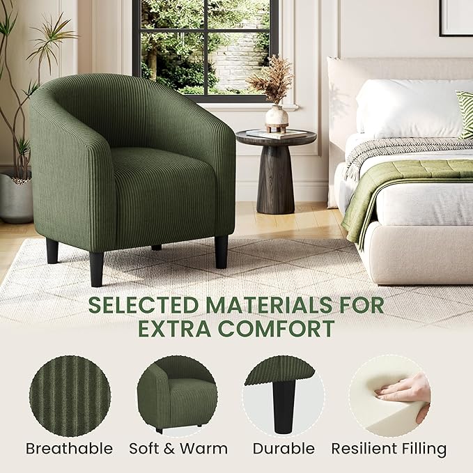 Yaheetech Accent Barrel Chair, Corduroy Fabric Club Chair, Furry Sherpa Elegant Armchair with Cozy Soft Padded, Suitable for Living Room Bedroom Reception Room Office, Dark Green