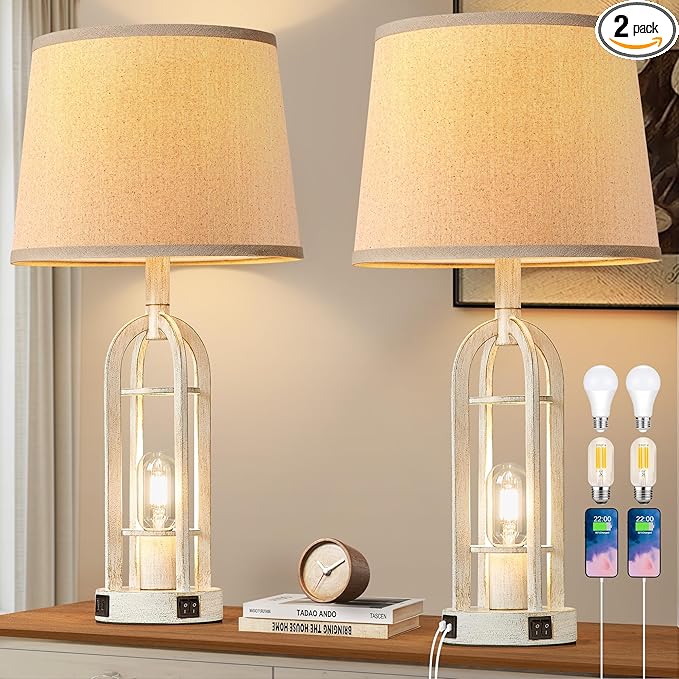 Farmhouse Table Lamps for Living Room Set of 2 - Rustic Industrial Bedside Lamps for Bedroom Nightstand with Nightlight and USB A+C, 4 Bulbs Included