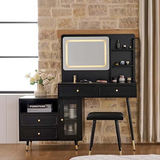 Modern Makeup Vanity Desk with Mirror and Lights,Retractable Dressing Table with Drawers and Cabinets,Makeup Table Set for Bedroom