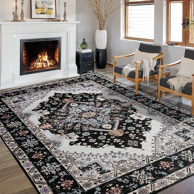 Living Room Rug 6x9 Rug, Machine Washable Area Rug Non Slip Low Pile Rug for Living Room, Bedroom, Farmhouse, Dining Room, Black