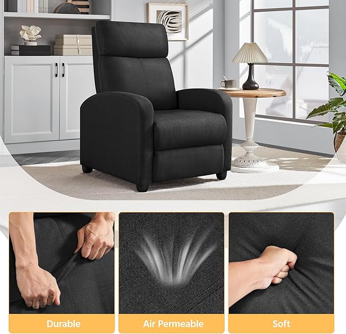 Yaheetech Fabric Recliner Chair Sofa Ergonomic Adjustable Single Sofa with Thicker Seat Cushion Modern Home Theater Seating for Living Room Matte Black