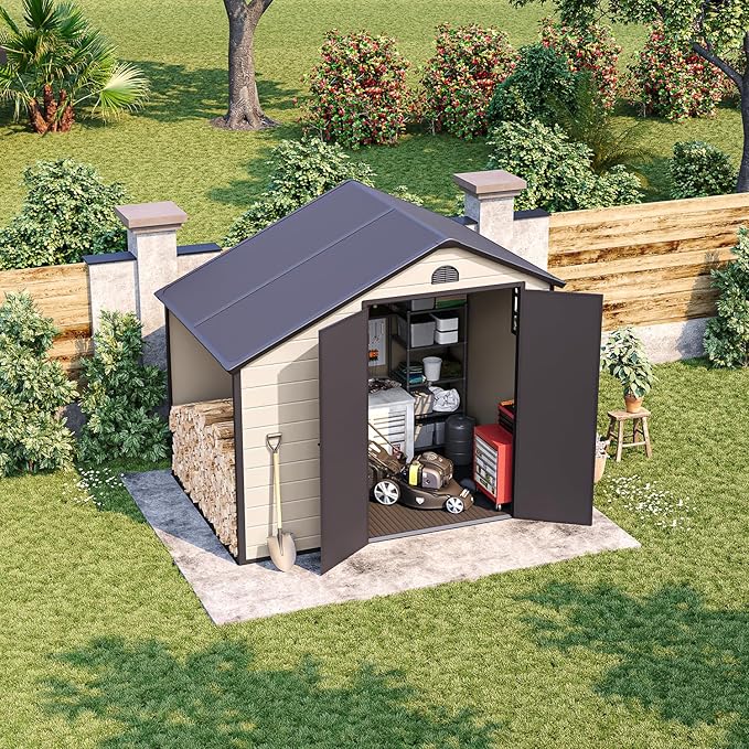 8.5 ft. W x 6.3 ft. D Resin Outdoor Patio Storage Shed with Firewood Rack, Floor and Lockable Door