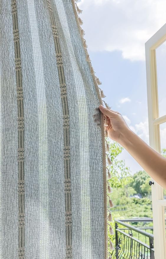 Boho Curtains for Bedroom Embroidery Striped Farmhouse Linen Curtains 63 Inch Length 2 Panels for Living Room Blue Bohemian Semi-Blackout Window Curtains Rod Pocket Drapes ( 52" W x 63" L,Blue)