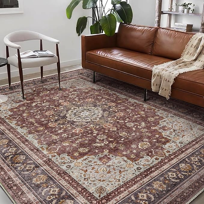 Washable Area Rug 8'x10' Retro Boho Design Non-Shedding Non-Slip Easy Care Ideal for High Traffic Areas in Living Room Bedroom Office Coffee Table Kitchen Large Carpet