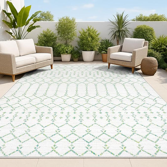 JONATHAN Y Moroccan Geometric Indoor Outdoor Area Rug 3X5 Green/Ivory, Ourika Textured Weave for Backyard, Patio, Porch, Easy-Cleaning, High Traffic, Pet-Friendly, Non-Shedding (SMB108R-3)