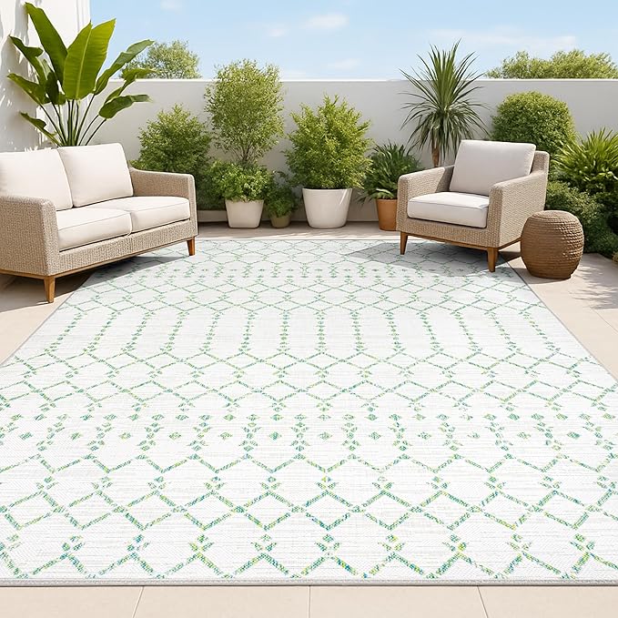 JONATHAN Y Moroccan Geometric Indoor Outdoor Area Rug 5X8 Green/Ivory, Ourika Textured Weave for Backyard, Patio, Porch, Easy-Cleaning, High Traffic, Pet-Friendly, Non-Shedding (SMB108R-5)