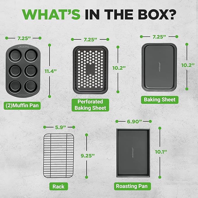 NutriChef 6-Piece Toaster Oven Bakeware Set, Compact Non-Stick Stackable Baking Pan Set with Muffin Pans, Roasting Tray & Baking Sheets, Durable Stain-Resistant Carbon Steel Design for Toaster Ovens