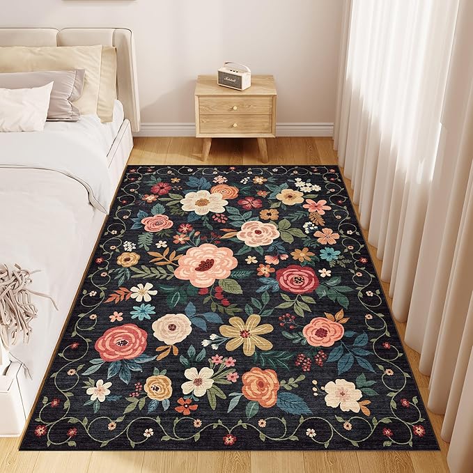 DUKINO 4x6 Feet Office Chair Mat, Lightweight Non Slip Washable Floral Area Rug, Indoor Low Pile & Non-Shedding Boho Design Rugs for Bedroom, Living Room, Dining Room, Black