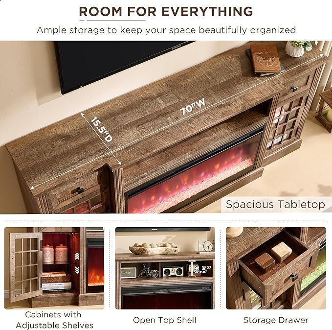 Farmhouse Fireplace TV Stand for 80 Inch TV, Entertainment Center w/ 36'' Electric Fireplace & LED Lights, Mordern Media Console with Storage Drawers & Cabinets for Living Room, Light Brown